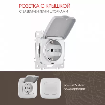 Розетка с заземлением, шторками и защитной крышкой, 16A 250V 205.41-1.silver