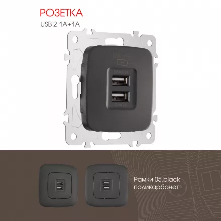 Розетка USB 2.1А+1А 205.46-1.black