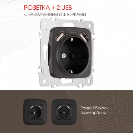 Розетка с заземлением, шторками + 2 USB, 16A 250V, USB DC 5V 2.1A 205.47-1.black