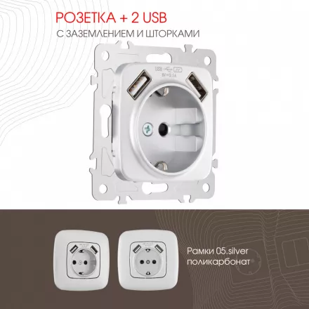 Розетка с заземлением, шторками + 2 USB, 16A 250V, USB DC 5V 2.1A 205.47-1.silver