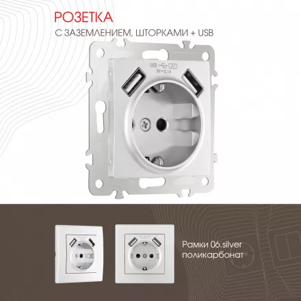 Розетка с заземлением, шторками + 2 USB, 16A 250V, USB DC 5V 2.1A 206.47-1.silver