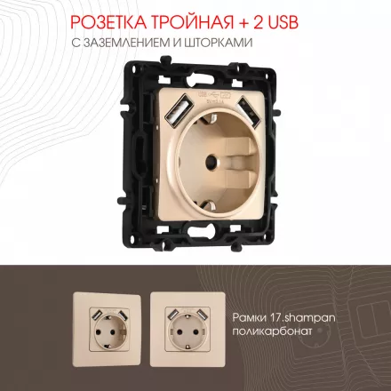 Розетка с заземлением, шторками + 2 USB, 16A 250V, USB DC 5V 2.1A 217.47-1.shampan